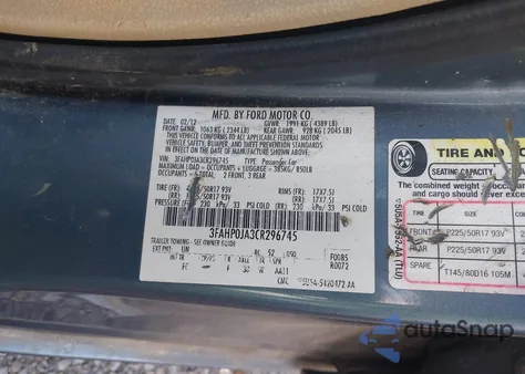2012 Ford Fusion Sel z USA, uszkodzony, nr VIN 3FAHP0JA3CR296745
